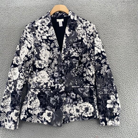 Chicos Blazer Womens 0 US Small Black Monochrome Floral Stretch Office Career - Picture 1 of 9